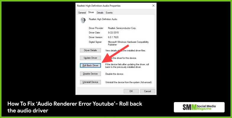 How To Fix ‘Audio Renderer Error Youtube’- Roll Back The Audio Driver